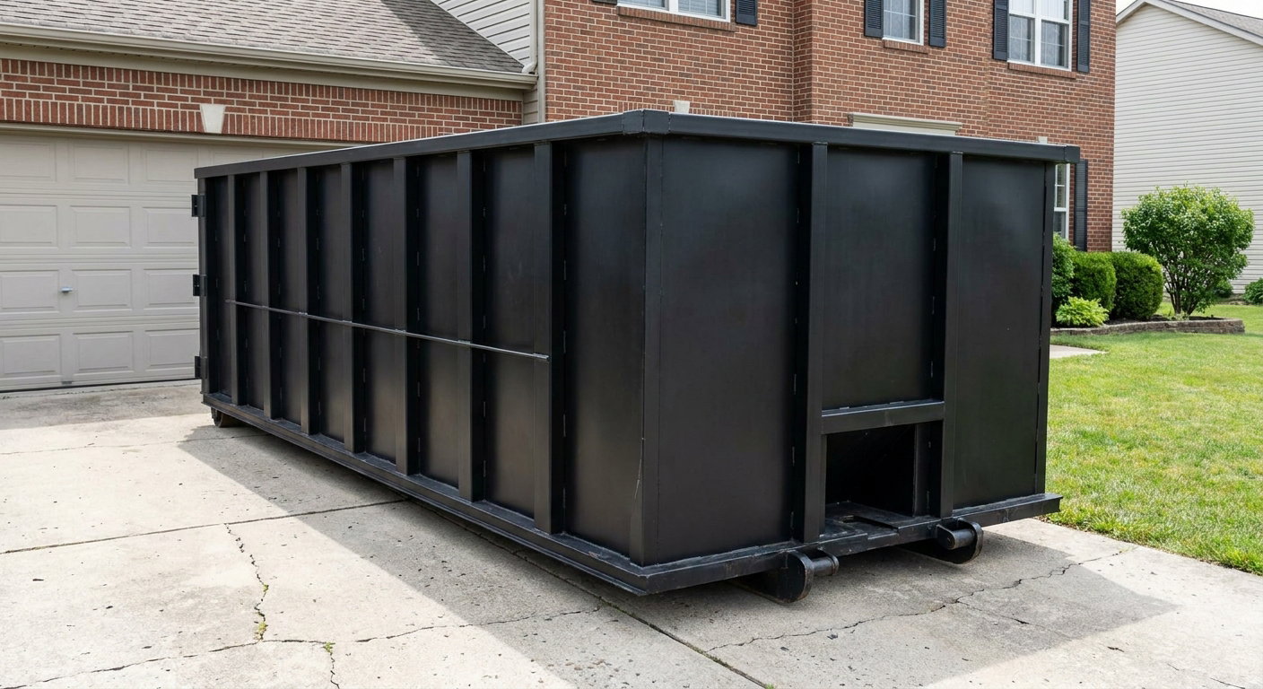 Matte-black 20-yard roll-off container on a Newburgh residential concrete driveway with reinforced ribbed steel sidewalls and a hinged rear walk-in door, clean bright daylight.