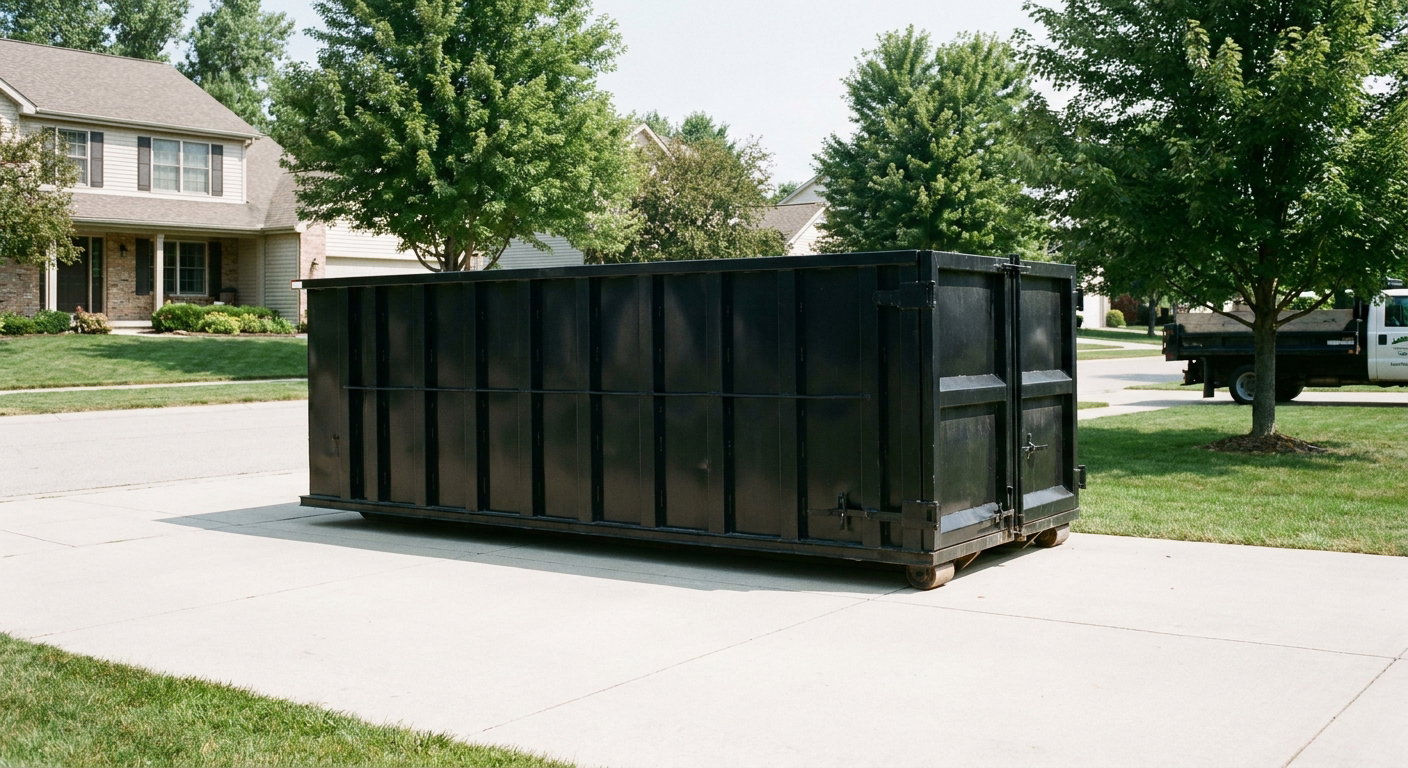 Matte-black 20-yard roll-off dumpster sitting level on a clean Newburgh residential concrete driveway under bright daylight, demonstrating clean placement directly on the concrete.