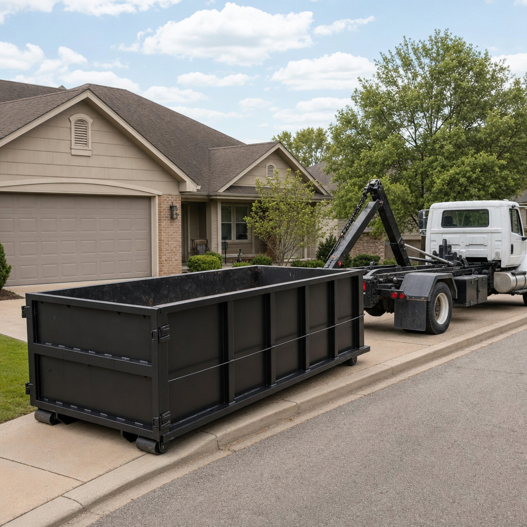 Wide documentary shot of a matte-black roll-off dumpster on a Newburgh residential driveway in the foreground and a contractor jobsite container in the soft-focus background, bright daylight, calm and orderly composition.